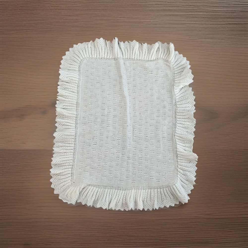 Vintage Handmade Baby Blanket White With Delicate Pink Flowers
